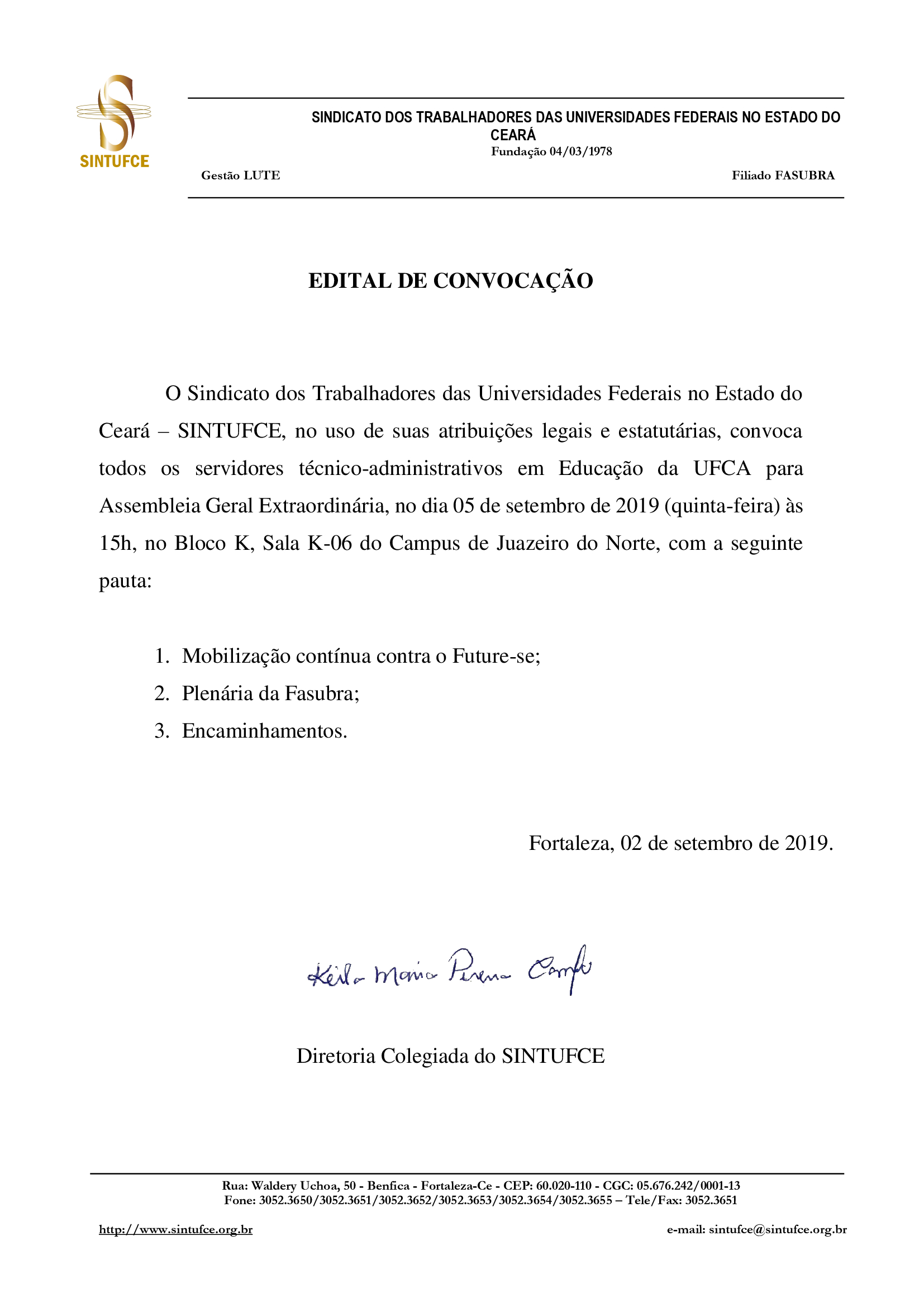 EDITAL DE CONVOCACAO UFCA 05.09.2019