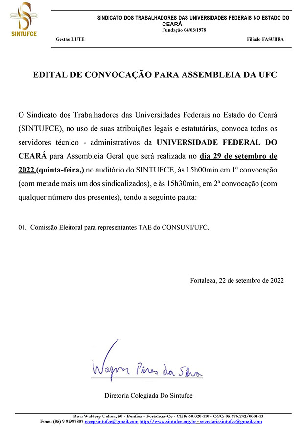 Edital assembleia auditotório sintufce CONSUNI UFC 29 09 2022