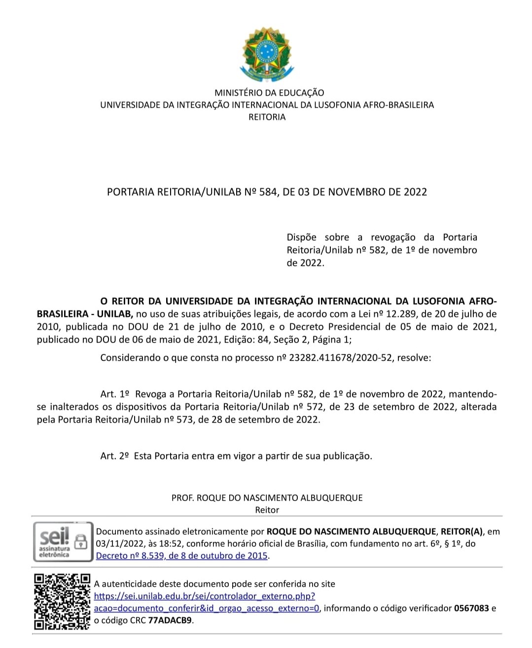 Portaria revogação pomto Unilab